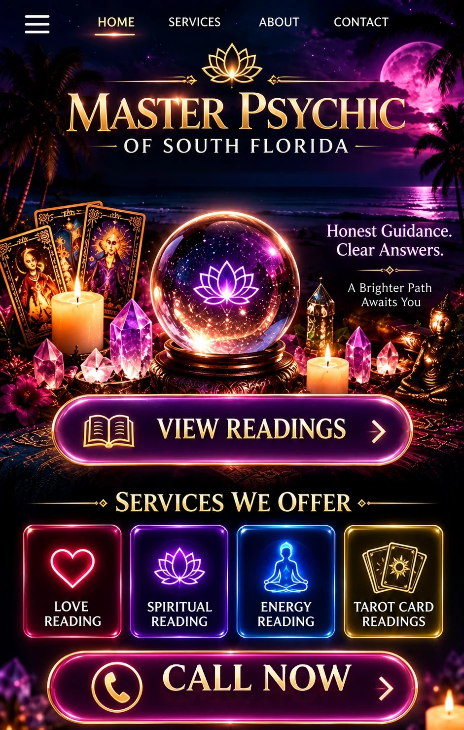 Master Psychic of South Florida dark neon homepage with four readings, candles, crystals and Call Now
